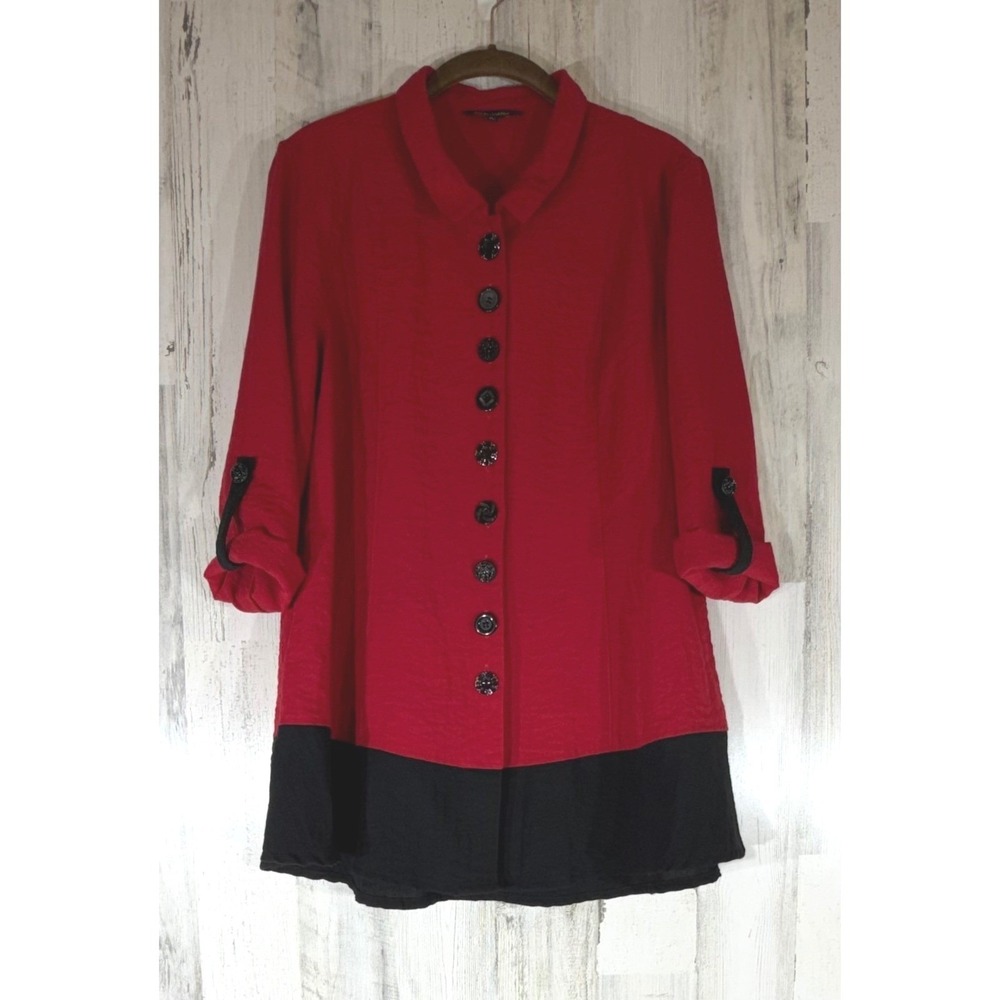 John Mark Button Front Tunic Medium Red Black Colorblock Crinkle Art‎ to Wear